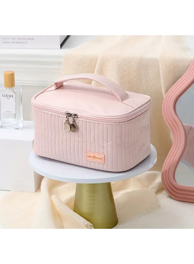 Off White Synthetic Leather Travel Makeup Cosmetic Organizer Bag With Zipper Handle - Image 1