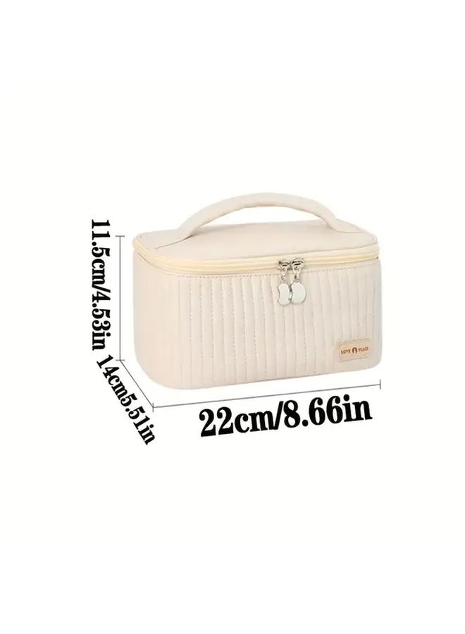 Off White Synthetic Leather Travel Makeup Cosmetic Organizer Bag With Zipper Handle - Image 4