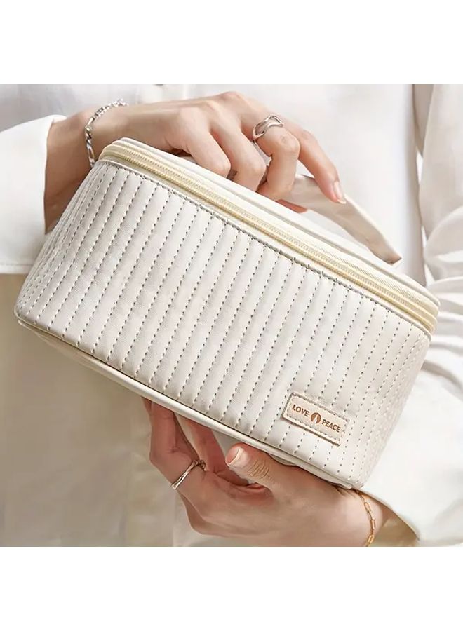 Off White Synthetic Leather Travel Makeup Cosmetic Organizer Bag With Zipper Handle - Image 5