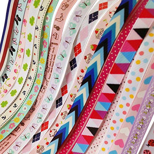 Chenkou Craft 20Yards Sweet Heart Flower Dot Ladybug Cake Bird Anchor Butterfly Grosgrain Ribbon Assorted Color 38 10mm Grosgrain Ribbons