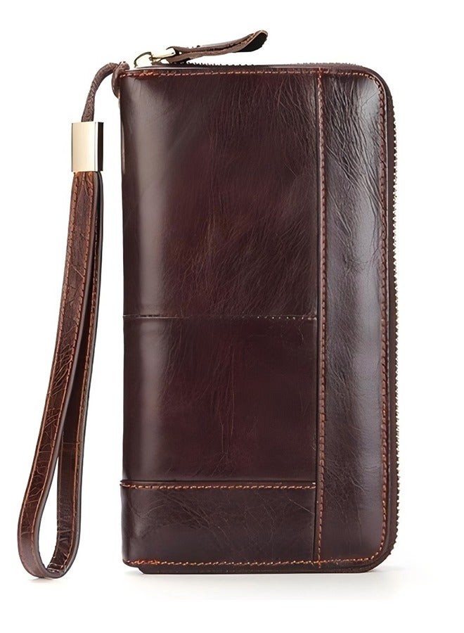 Men's Long Clutch Bag Genuine Leather Wallet Multi-Layer Cowhide Wallet Business Mobile Phone Bag Multi-Function Brown  - Image 1