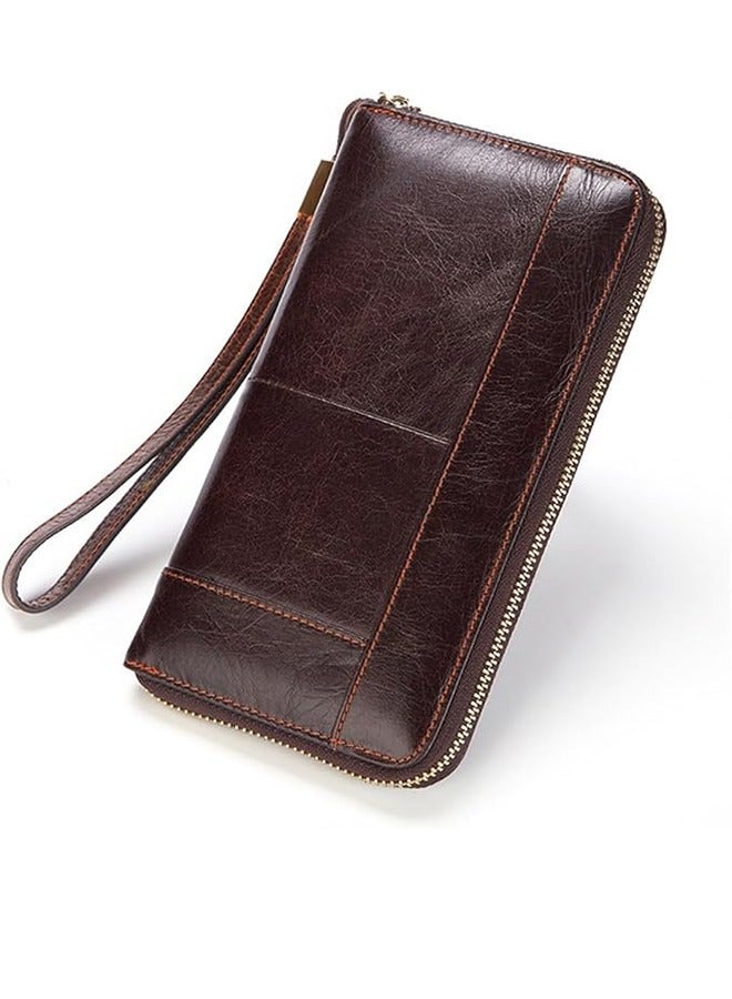 Men's Long Clutch Bag Genuine Leather Wallet Multi-Layer Cowhide Wallet Business Mobile Phone Bag Multi-Function Brown  - Image 2