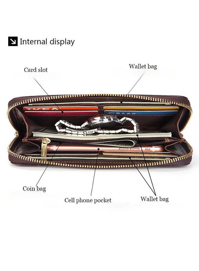 Men's Long Clutch Bag Genuine Leather Wallet Multi-Layer Cowhide Wallet Business Mobile Phone Bag Multi-Function Brown  - Image 3