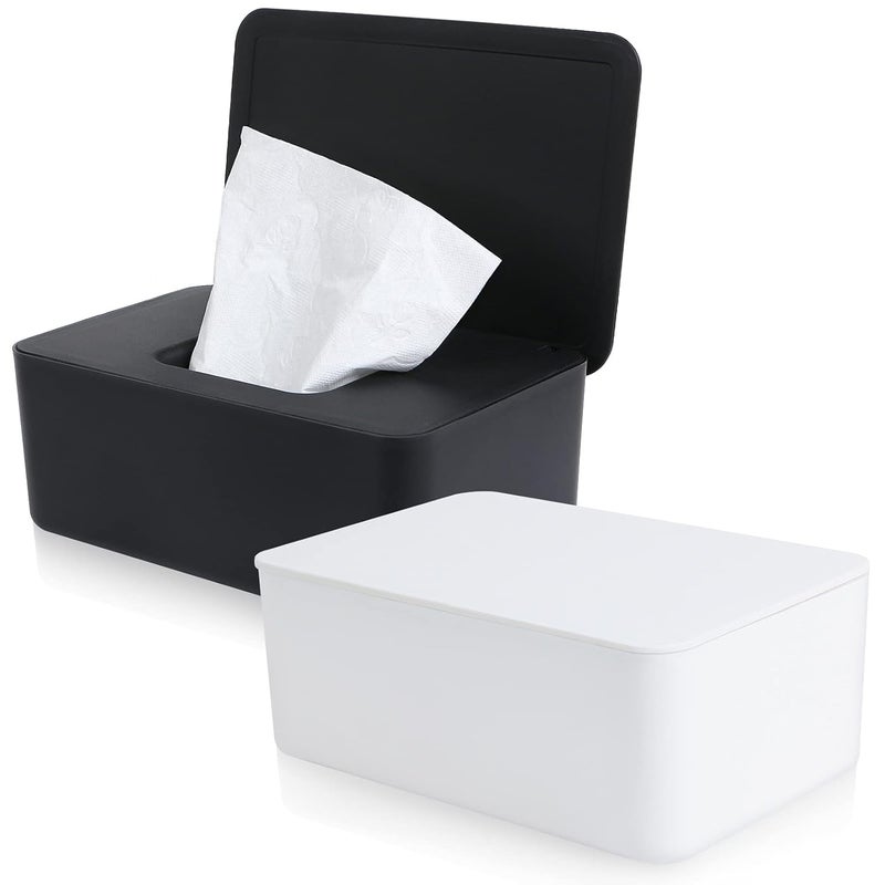 MIKIMIQI Wet Wipes Storage Box 2 Pack Wipes Dispenser Holder Tissue Storage Boxes Case with Lid Diaper Wipes Dispenser Box Dustproof Napkin Container with Sealing Design White Black - Image 1