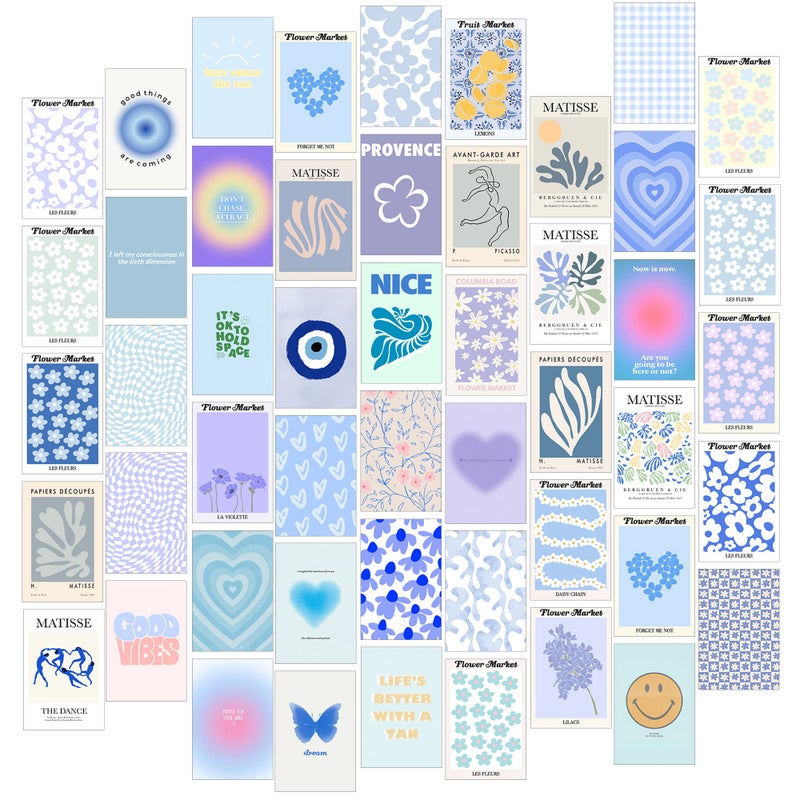 Minimalist Wall Art for Blue Room Decor Aesthetic 50pcs Danish Pastel Collage Kit Aesthetic Pictures Posters Matisse Posters and Dorm