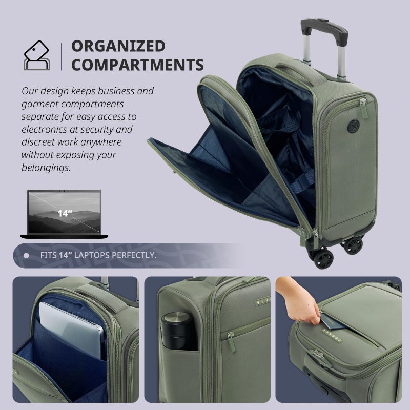 Verage Underseat Carry On Luggage with Wheels,14.5-Inch Spinner Small Suitcase, Softside Lightweight Travel Bag for Men and Women, Airplane Carry On Bag, Sage Green - Image 4