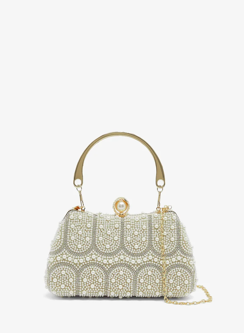 Pearl Embellished Detailed Gold Handle Bag