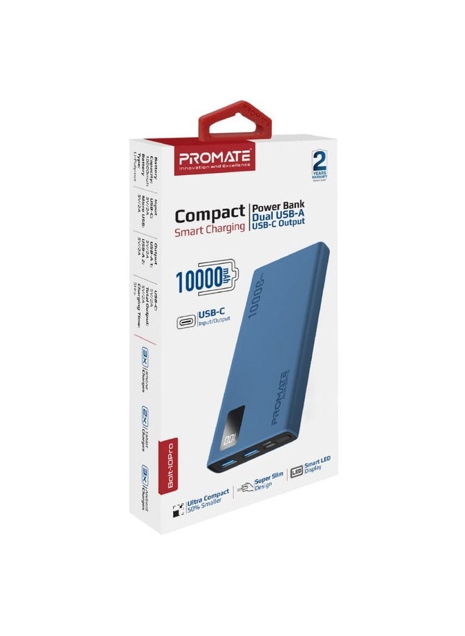 Promats Promate Bolt-10Pro 10000mAh Compact Smart Charging Power Bank with Dual USB-A & USB-C Output  - Image 2