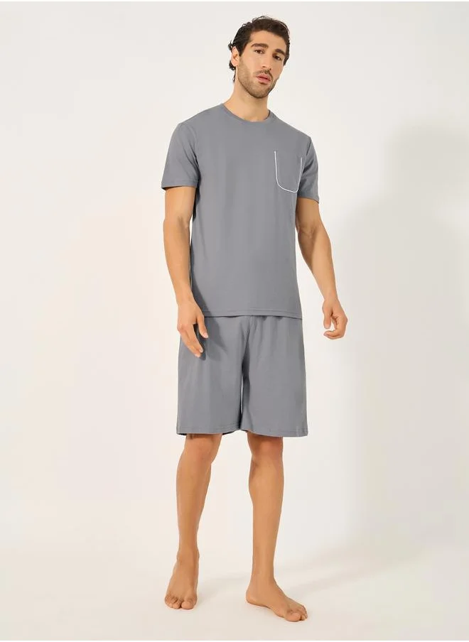 Styli Contrast Piped Pocket Detail T-Shirt and Short Pyjama Set