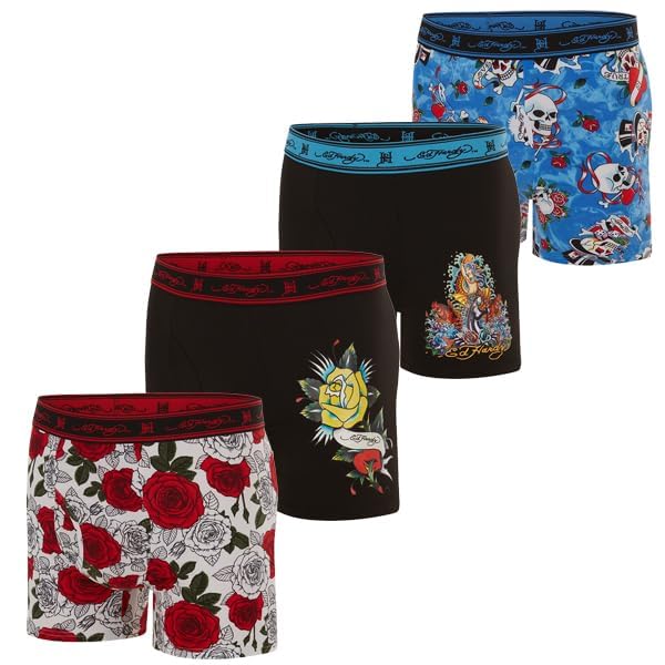 ED HARDY Men's Underwear Boxer Briefs - Comfortable, Breathable, Stylish Design 4 Pack, Roses, Skull, Mermaid,Small - Image 2