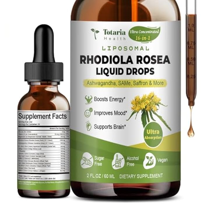 Totaria 16-in-1 Liposomal Rhodiola Rosea Supplement Tincture 1000mg, Ultra Strength Rhodiola 10:1 Root Extract w/Ashwagandha, Rhodiola Liquid Drops for Natural Relaxation, Mood, Energy, Alcohol-Free - Image 1