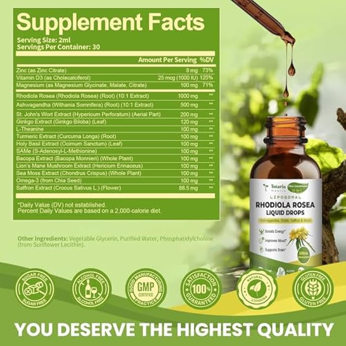 Totaria 16-in-1 Liposomal Rhodiola Rosea Supplement Tincture 1000mg, Ultra Strength Rhodiola 10:1 Root Extract w/Ashwagandha, Rhodiola Liquid Drops for Natural Relaxation, Mood, Energy, Alcohol-Free - Image 3