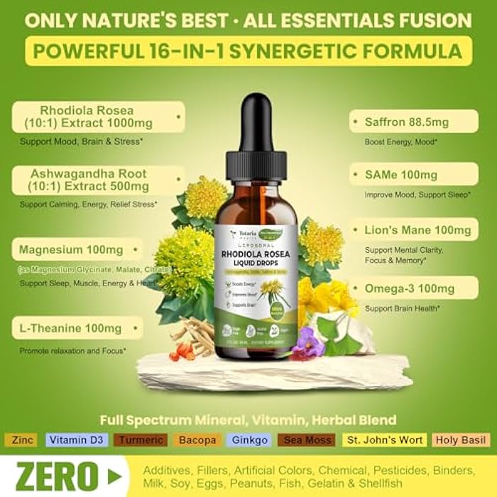 Totaria 16-in-1 Liposomal Rhodiola Rosea Supplement Tincture 1000mg, Ultra Strength Rhodiola 10:1 Root Extract w/Ashwagandha, Rhodiola Liquid Drops for Natural Relaxation, Mood, Energy, Alcohol-Free - Image 4