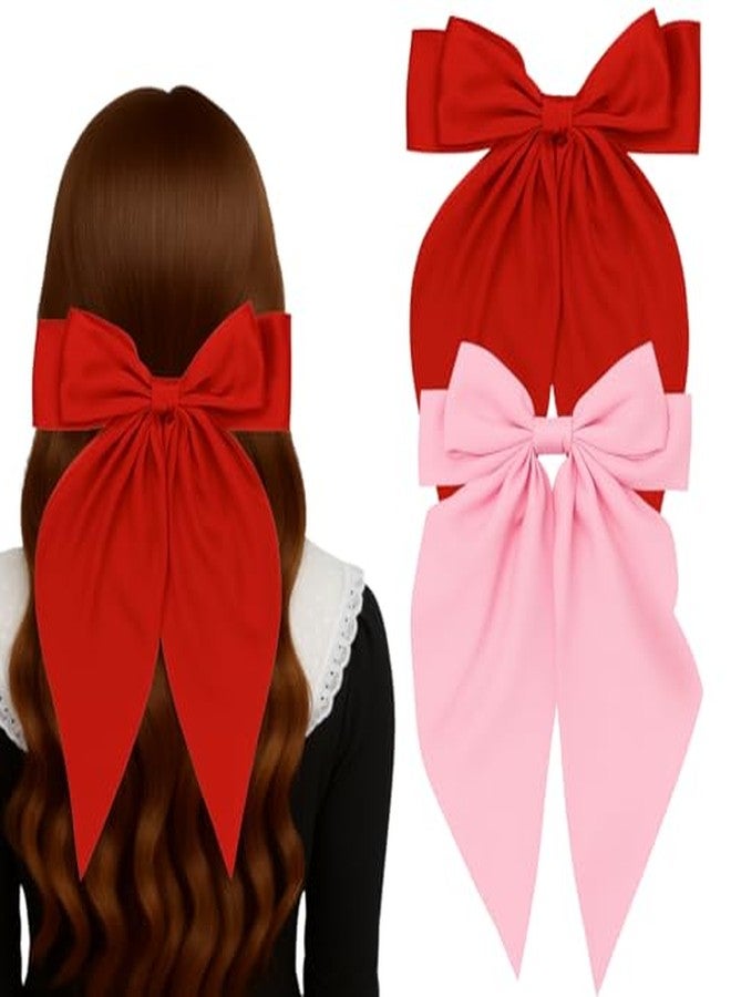 RedChimes 2 Pcs Large Ribbon Hair Bow Clips with Long Tail Bowknot Barrettes Featuring Durable Satin Ribbon and Metal Clips Stylish Hair Accessories for Women, Girls, and Teens (Red & Pink) - Image 2