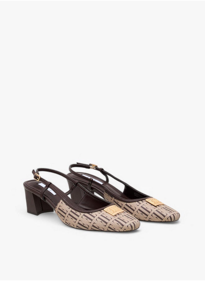 ELLE Monogram Print Slingback Shoes with Buckle Closure  - Image 1