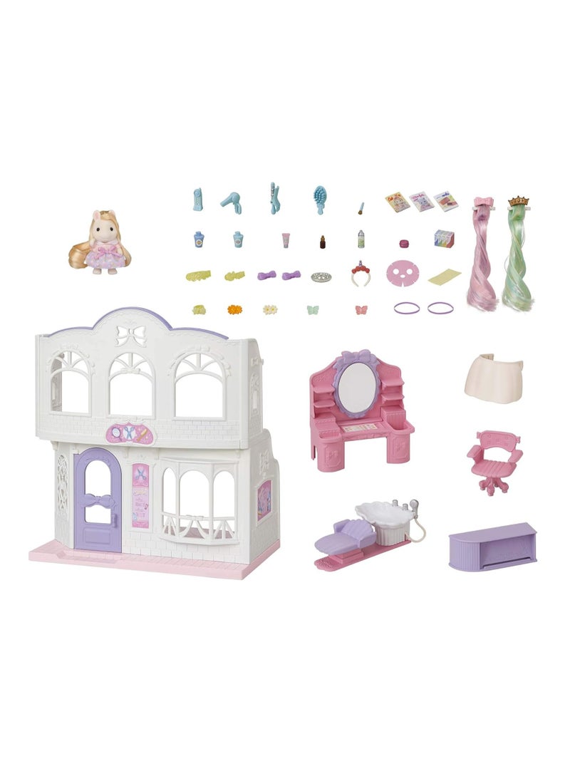 Sylvanian Families - Pony's Hair Salon Playset |Two-Story Salon with Hair Styling Accessories, Dresser, Shampoo Basin, and More | Includes Pony Girl Figure | Ages 3 & Up - Image 1