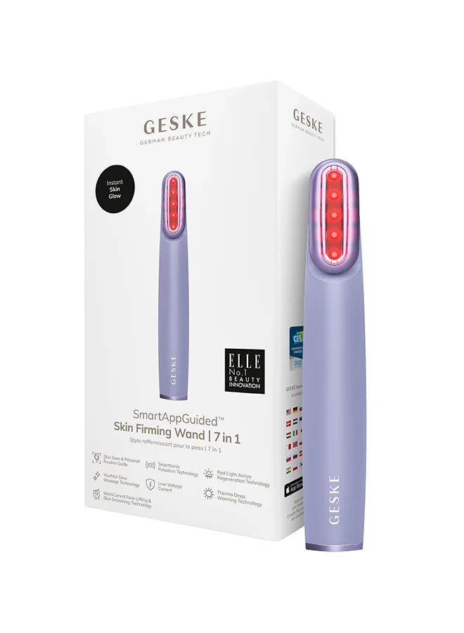 GESKE Skin Firming Wand | 7-in-1| LED Light Therapy Face Care Wand with Facial Massager | Red Light Wand for Face, Neck and Eye Skincare Rejuvenation | Firming and Lifting- Purple