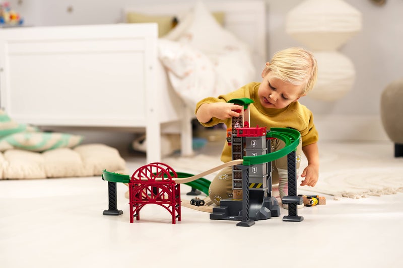 BRIO World Lift & Load Warehouse Set - 32-Piece Wood Train Set - Works with All Wooden Railway Sets - Includes 4-Level Elevator, Vehicles, Tracks & Full Station - MESH Accredited for Ages 3+ - Image 2