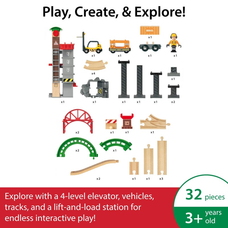 BRIO World Lift & Load Warehouse Set - 32-Piece Wood Train Set - Works with All Wooden Railway Sets - Includes 4-Level Elevator, Vehicles, Tracks & Full Station - MESH Accredited for Ages 3+ - Image 4