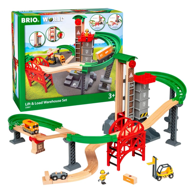 BRIO World Lift & Load Warehouse Set - 32-Piece Wood Train Set - Works with All Wooden Railway Sets - Includes 4-Level Elevator, Vehicles, Tracks & Full Station - MESH Accredited for Ages 3+ - Image 1