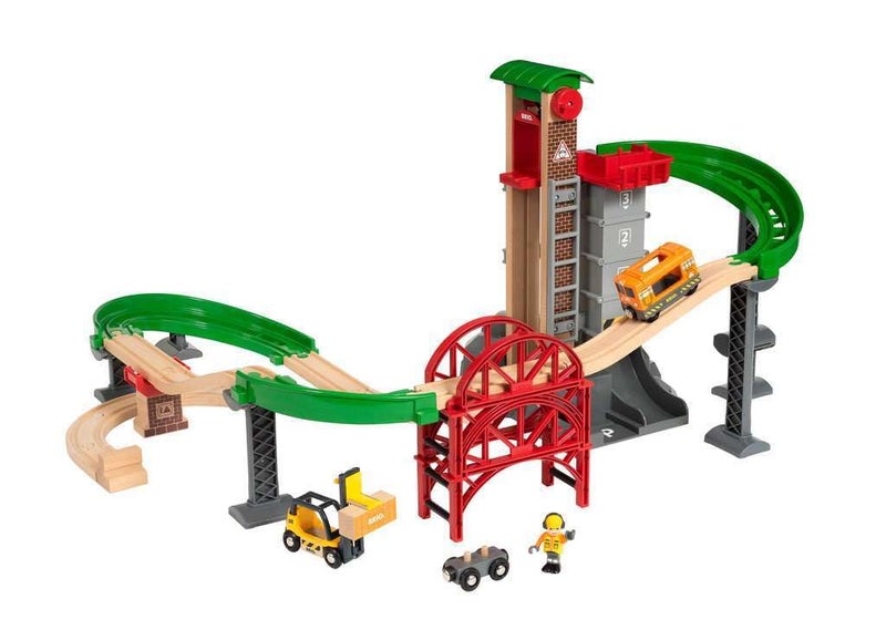 BRIO World Lift & Load Warehouse Set - 32-Piece Wood Train Set - Works with All Wooden Railway Sets - Includes 4-Level Elevator, Vehicles, Tracks & Full Station - MESH Accredited for Ages 3+ - Image 3