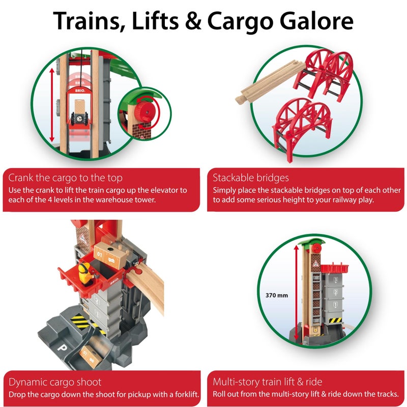 BRIO World Lift & Load Warehouse Set - 32-Piece Wood Train Set - Works with All Wooden Railway Sets - Includes 4-Level Elevator, Vehicles, Tracks & Full Station - MESH Accredited for Ages 3+ - Image 5