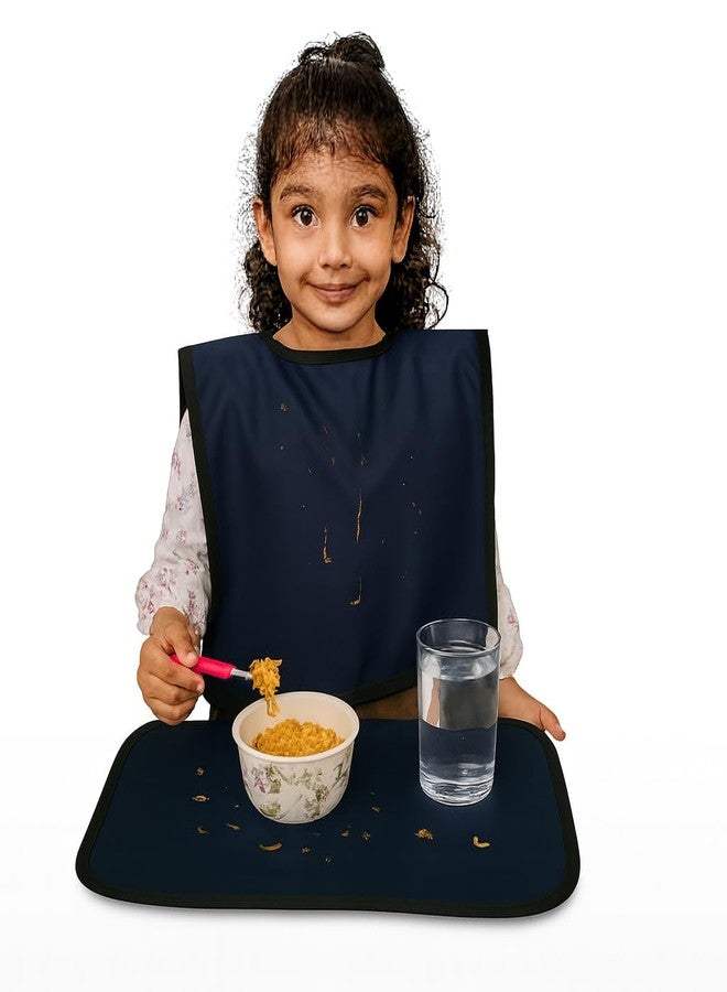 MAKSTILE Waterproof Kids Bib with Food Mat | Lightweight & Foldable | Multi-Functional Clothing Protector for Boys & Girls (6-12 Years) | School Lunch, Eating, Painting, Craft & Travel(Navy Blue) - Image 4