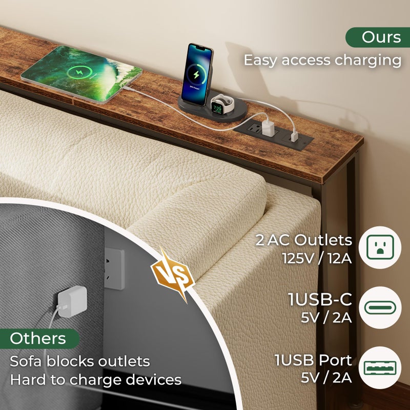 SUPERJARE 94.5 inch Narrow Console Table with Outlet, Sofa Tables, Behind Couch Table, Long Entryway Tables with Charging Station, for Living Room, Rustic Brown - Image 3