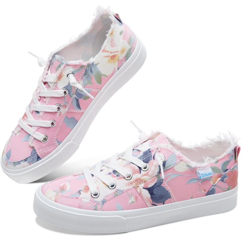 Obtaom Womens Floral Play Canvas Sneakers Cute Tie Dye Slip on Shoes Comfortable Multi Floral Print Canvas Sneakers for Fashion Lady(Pink/Blue,US8) - Image 1