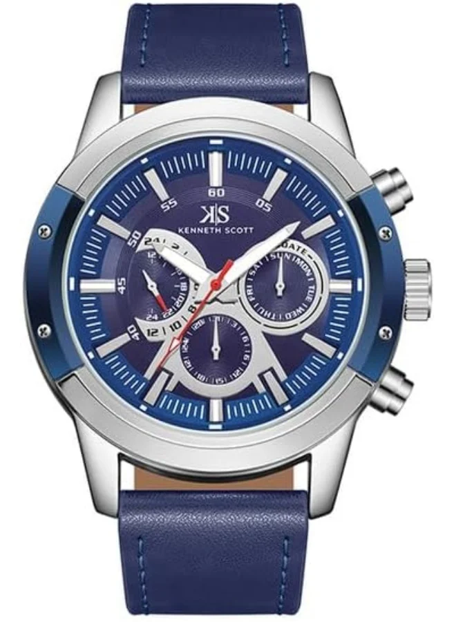 KENNETH SCOTT Kenneth Scott Men's Epson VX9J Movement Watch, Analog Display and Leather Strap - K24121-SLNN, Blue