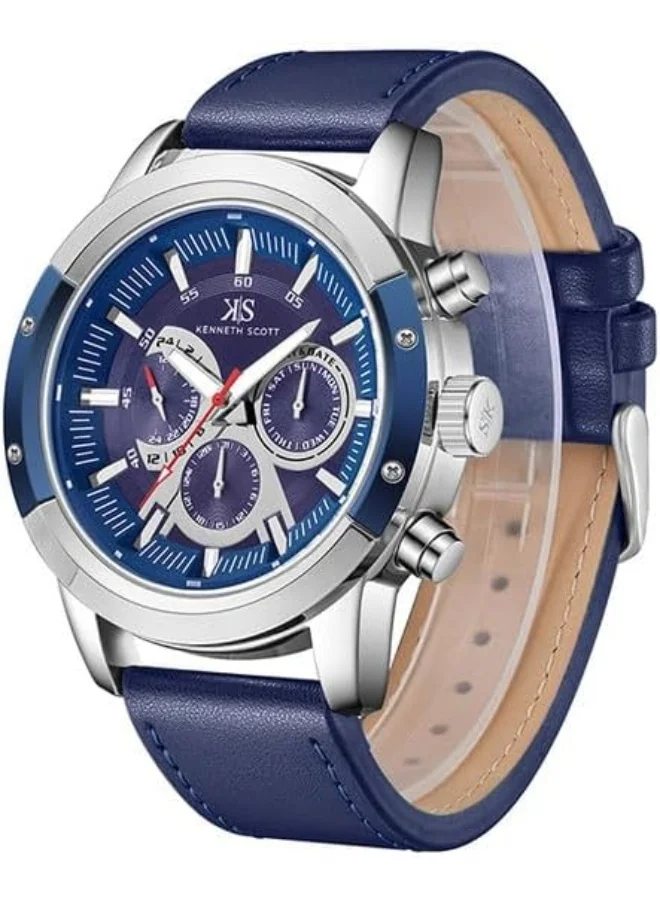 KENNETH SCOTT Kenneth Scott Men's Epson VX9J Movement Watch, Analog Display and Leather Strap - K24121-SLNN, Blue