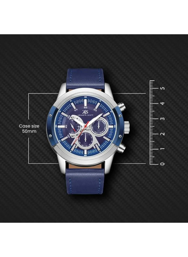 Kenneth Scott Blue Kenneth Scott Men's Epson VX9J Movement Watch, Analog Display and Leather Strap - K24121-SLNN, Blue for Men | Best Price UAE