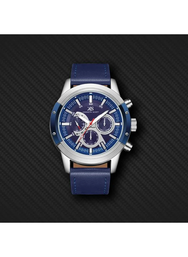 Kenneth Scott Blue Kenneth Scott Men's Epson VX9J Movement Watch, Analog Display and Leather Strap - K24121-SLNN, Blue for Men | Best Price UAE