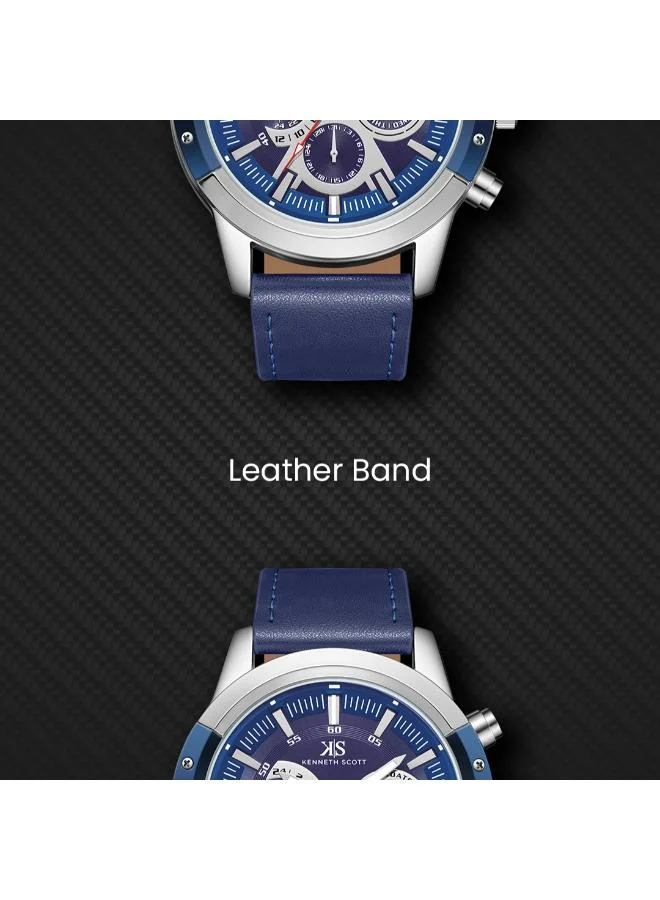 Kenneth Scott Blue Kenneth Scott Men's Epson VX9J Movement Watch, Analog Display and Leather Strap - K24121-SLNN, Blue for Men | Best Price UAE