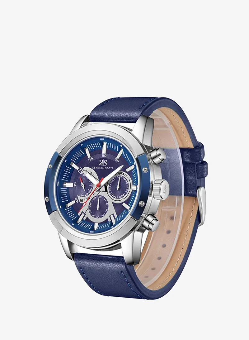 Kenneth Scott Blue Kenneth Scott Men's Epson VX9J Movement Watch, Analog Display and Leather Strap - K24121-SLNN, Blue for Men | Best Price UAE