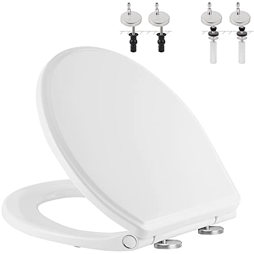 Hibbent Premium Round Toilet Seat with Cover Quiet Close, One-Click to Quick Release, Easy Installation Non-Slip Seat Bumpers, Slow Close Toilet Seat and Cover, Easy Cleaning-White Color - Image 1