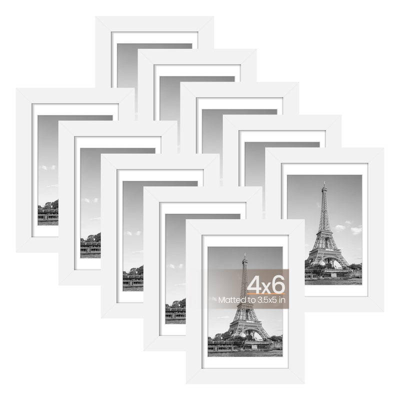 upsimples 4x6 Picture Frame Set of 10 Display Pictures 35x5 with Mat or 4x6 Without Multi Photo Frames Collage for Wall or Tabletop Display White