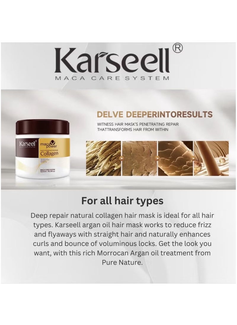 Karseell - Karseell Collagen Hair Treatment Deep Repair Conditioning Argan Oil Collagen Hair Mask Essence for Dry Damaged Hair All Hair Types 500ml - Image 1