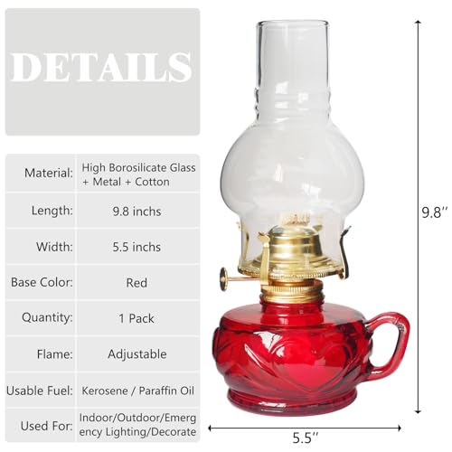SYOENK Large Rustic Kerosene Lamp Lantern Chamber Antique Oil Lamps for Indoor Use Home Decor Lighting Vintage Glass Clear (Red) - Image 3