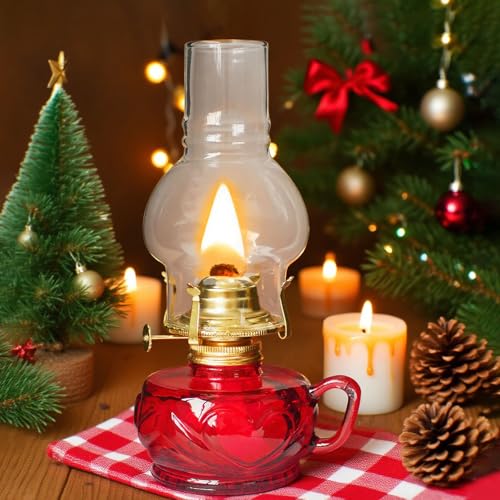 SYOENK Large Rustic Kerosene Lamp Lantern Chamber Antique Oil Lamps for Indoor Use Home Decor Lighting Vintage Glass Clear (Red) - Image 2