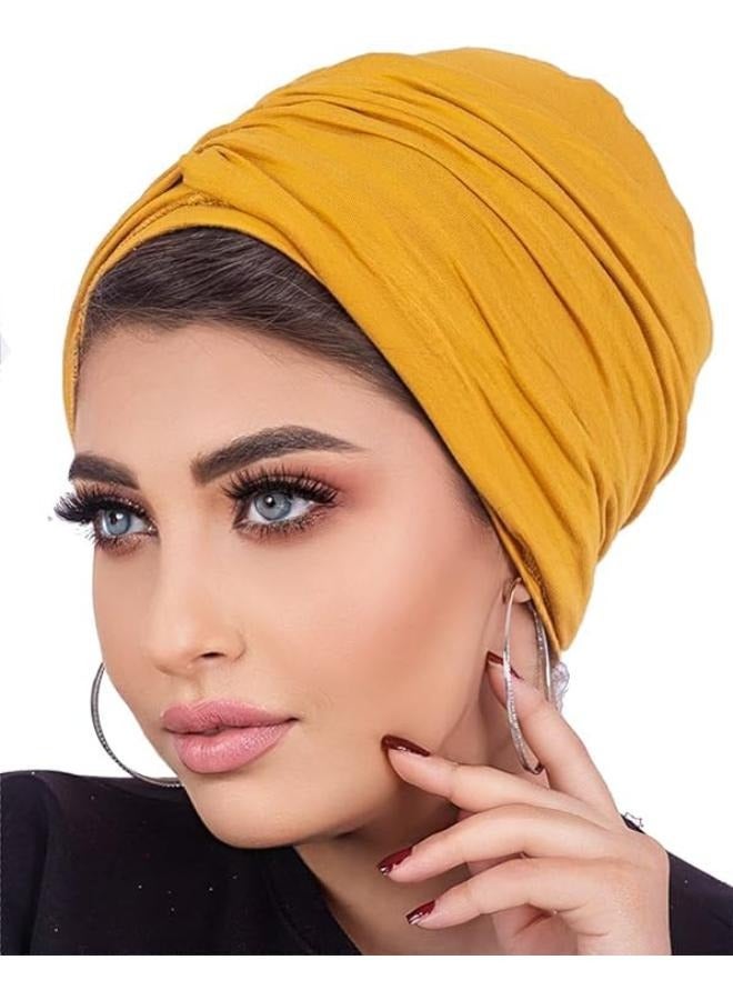 Women's Turban Cotton Turban (2 Pieces) Women Hat Hijab Ladies Turban Women Bonnet Caps Headwear Turban for Women, Mustard