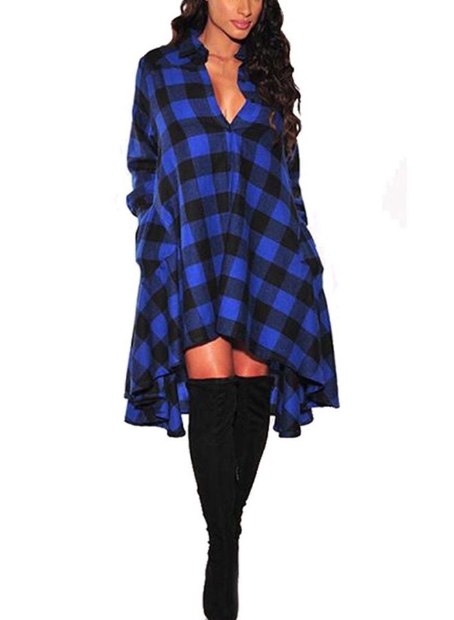 olrain Womens Plaids V Neck Long Sleeve Irregular Hem Casual Shirt Dress, Blue, L - Image 1