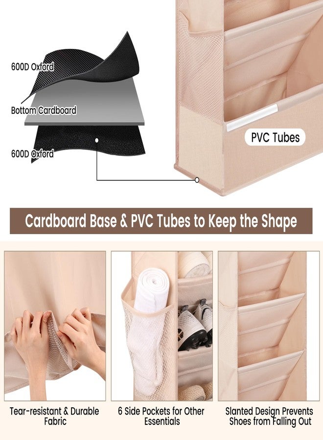 Outink 7 Tier Over The Door Shoe Organizer, Hanging Shoe Rack for Closet with Dustproof Mesh Curtain & 6 Side Pockets, Behind The Door Narrow Shoe Holder Hanger for Sneakers, Boots (Beige) - Image 3