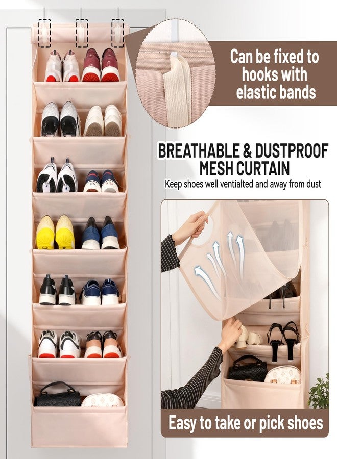 Outink 7 Tier Over The Door Shoe Organizer, Hanging Shoe Rack for Closet with Dustproof Mesh Curtain & 6 Side Pockets, Behind The Door Narrow Shoe Holder Hanger for Sneakers, Boots (Beige) - Image 4