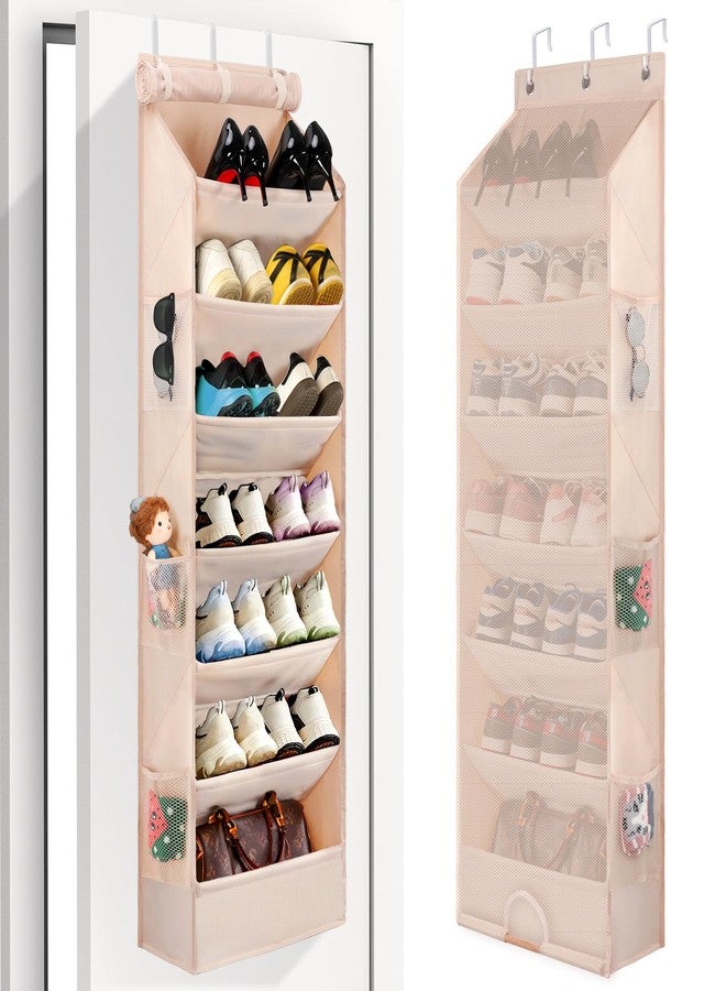 Outink 7 Tier Over The Door Shoe Organizer, Hanging Shoe Rack for Closet with Dustproof Mesh Curtain & 6 Side Pockets, Behind The Door Narrow Shoe Holder Hanger for Sneakers, Boots (Beige) - Image 1