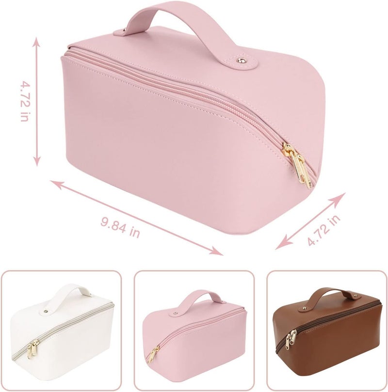 Luxoper Large Capacity Makeup Pouch for Women Waterproof Leather Makeup Organizer Bag with Handle Divider and Wide Opening Ideal Travel Vanity Bag Travel Cosmetic Pouch Pink - Image 5