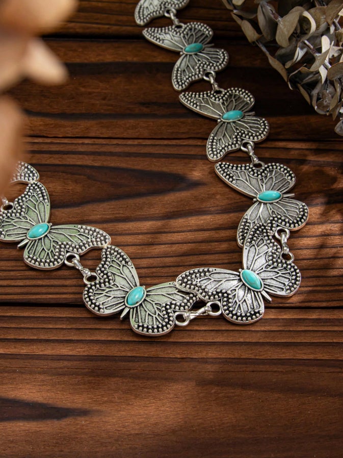 حزام وسط معدن حريمي فضي شكل فراشة مرصعة بحجر فيروزي - Image 3