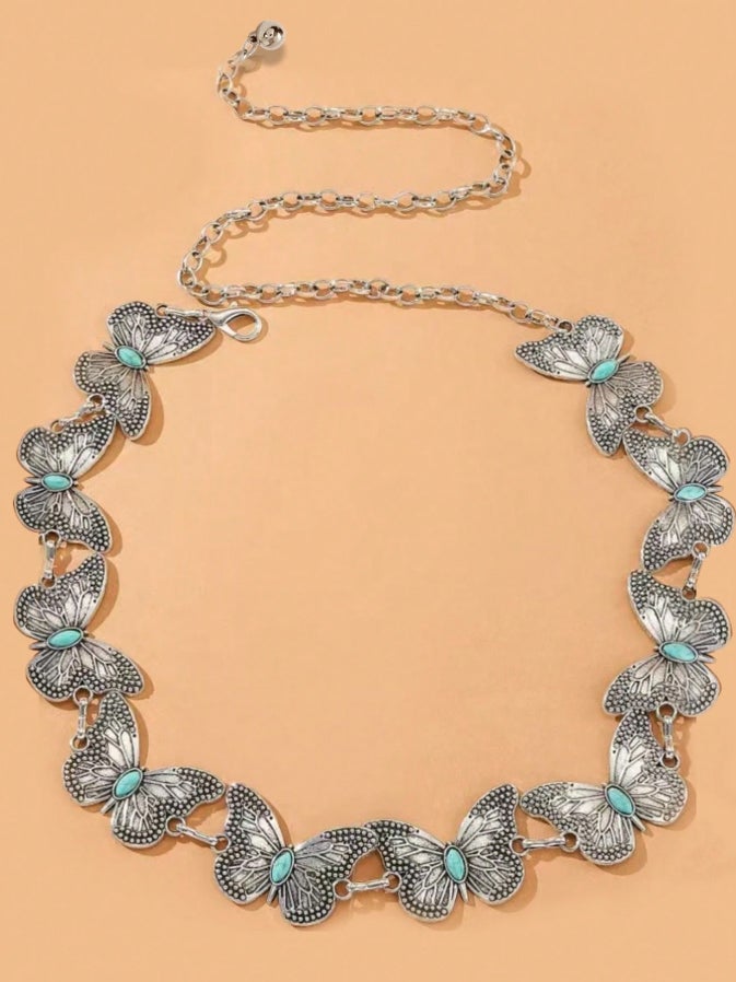 حزام وسط معدن حريمي فضي شكل فراشة مرصعة بحجر فيروزي - Image 1