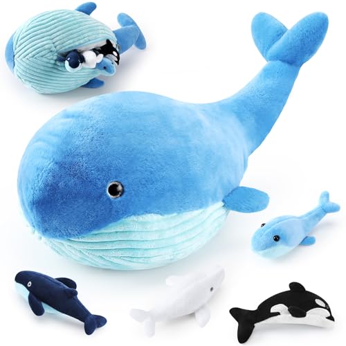 RoundFunny 215in Mommy Whale Stuffed Animal with 4 Small Whales Cute Soft Cotton Plushies Cartoon Hugging Gifts for Birthday Ocean Sea Creature Lover Nursery Decor Blue - Image 5