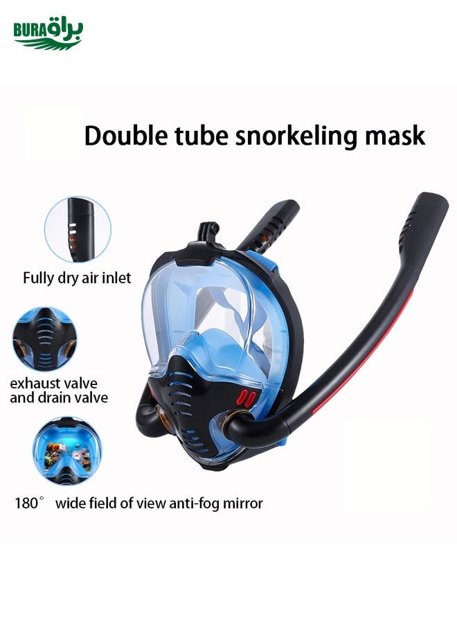 BURAQ - Snorkeling Mask Double Tube Silicone Full Dry Diving Mask Adult Swimming Mask Diving Goggles, Size: S/M(Black/Blue) - Image 1